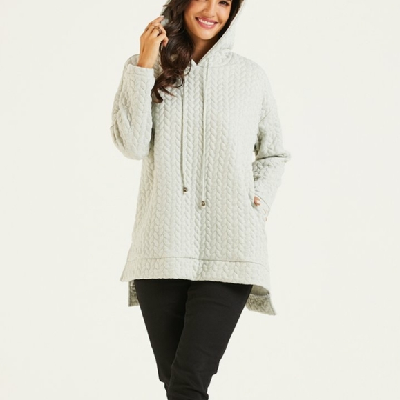 Suzanne Betro Tops - Gray Cable Knit Hi-Low Tunic Hooded Sweatshirt